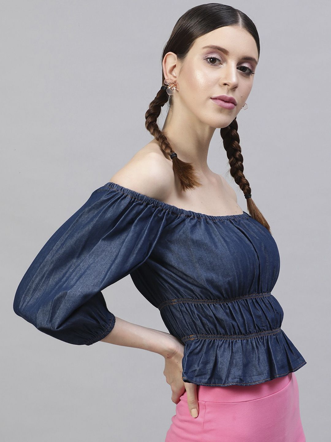 STREET 9 Navy Blue Pure Cotton Solid Denim Fitted Top