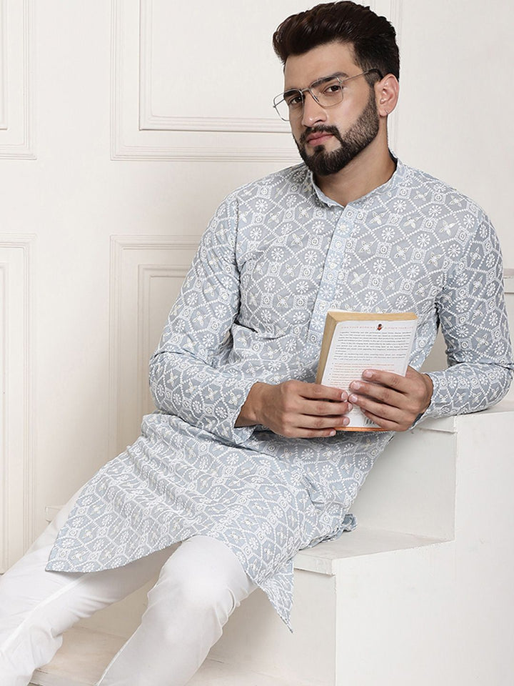 SOJANYA Band Collar Ethnic Motifs Embroidered Thread Work Cotton Kurta