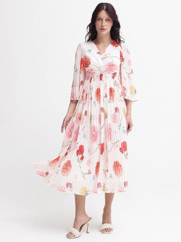RAREISM Women White Floral Print Flared Sleeve Fit & Flare Midi Dress