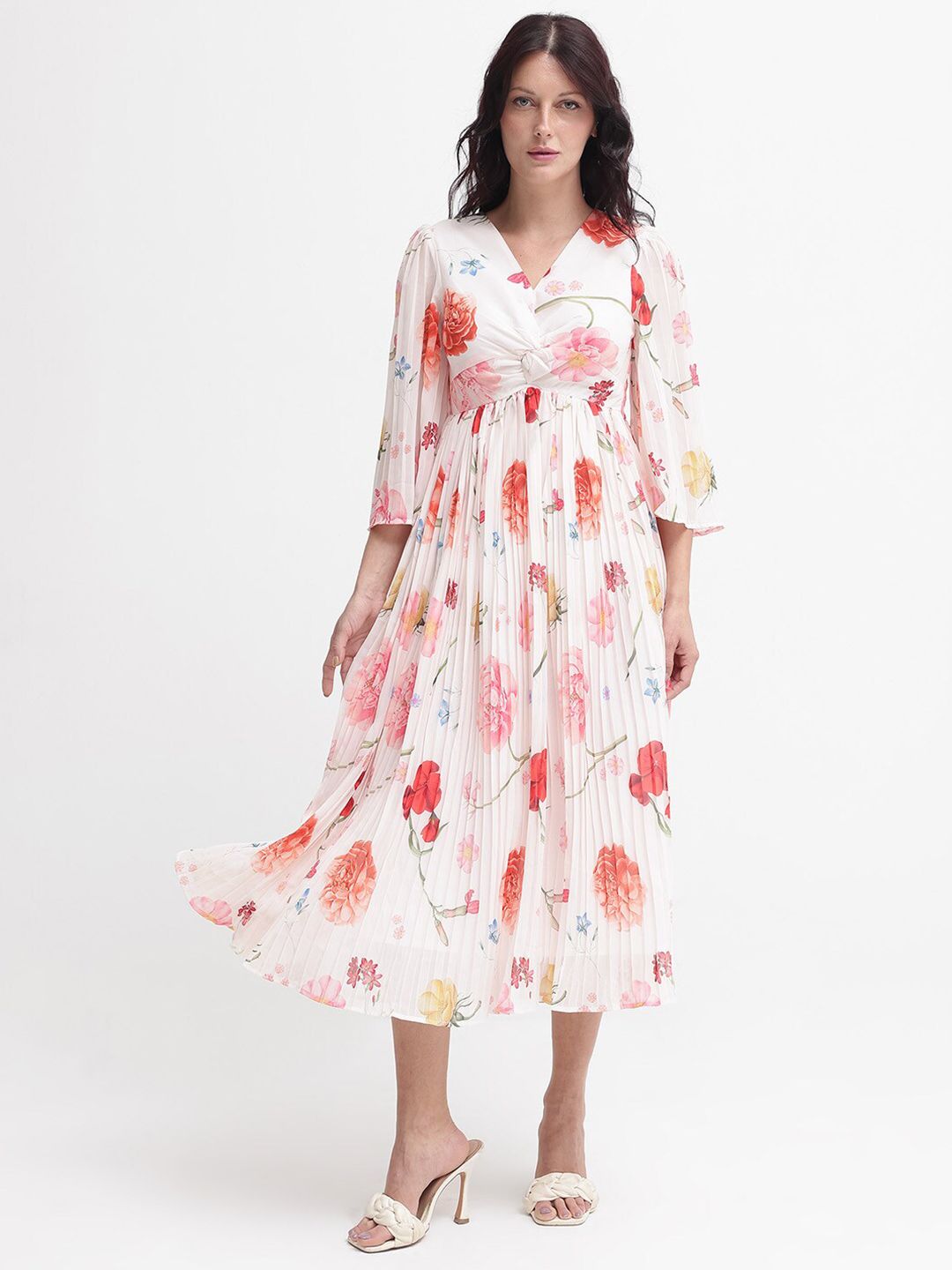 RAREISM Women White Floral Print Flared Sleeve Fit & Flare Midi Dress