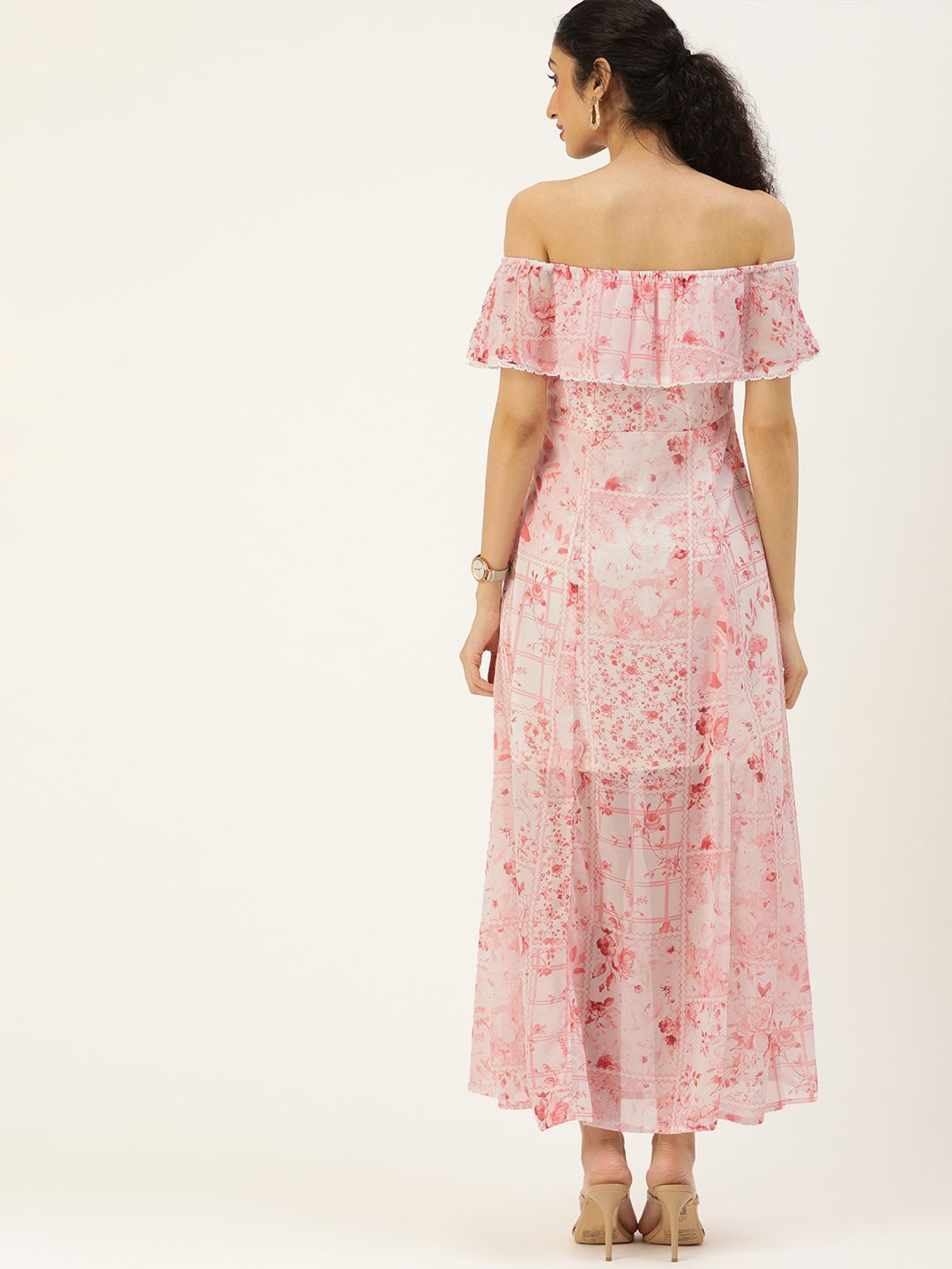 AND Pink & White Floral Halter Neck Fringed Maxi Dress
