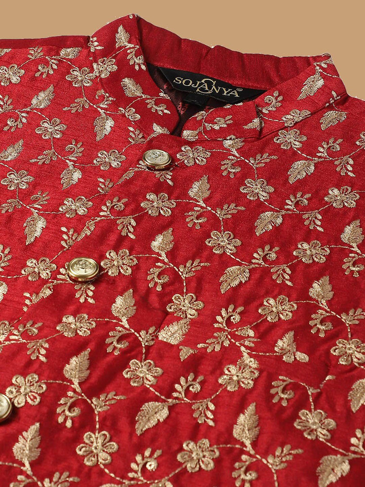 SOJANYA Kurta Kapas Tulen Bersulam Labuci dengan Jaket Churidar & Nehru Bersulam
