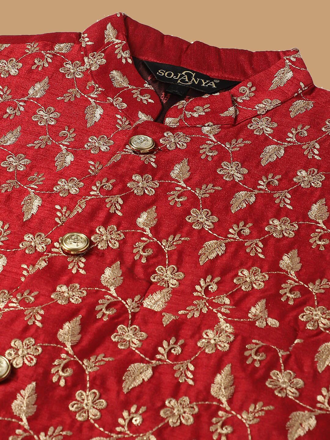 SOJANYA Kurta Kapas Tulen Bersulam Labuci dengan Jaket Churidar & Nehru Bersulam