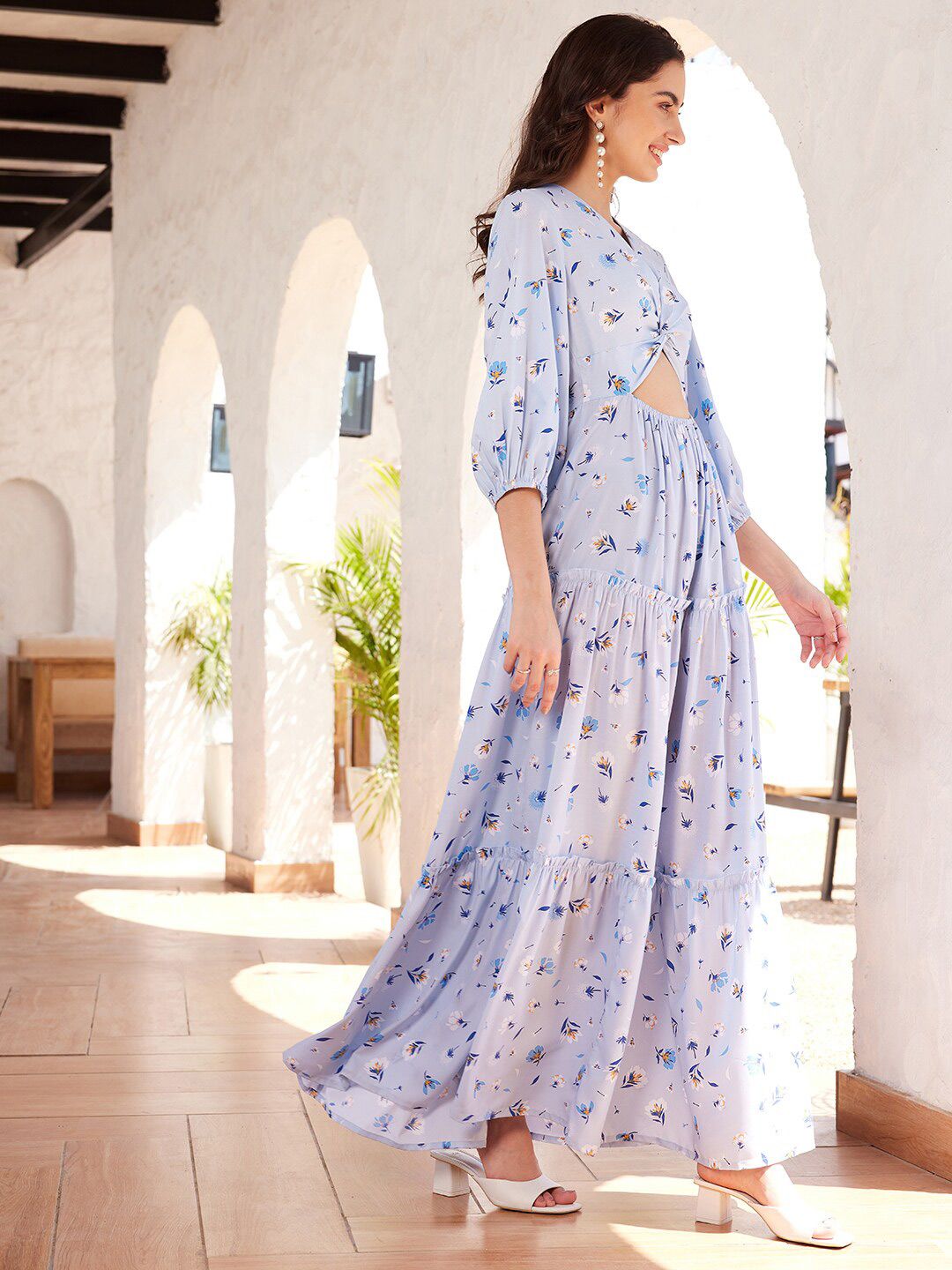 STREET 9 Floral Printed Puffed Sleeves Cut-Out Maxi Dress