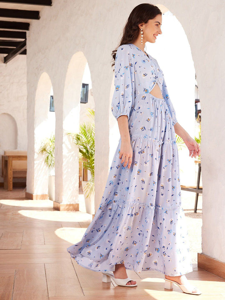 STREET 9 Floral Printed Puffed Sleeves Cut-Out Maxi Dress