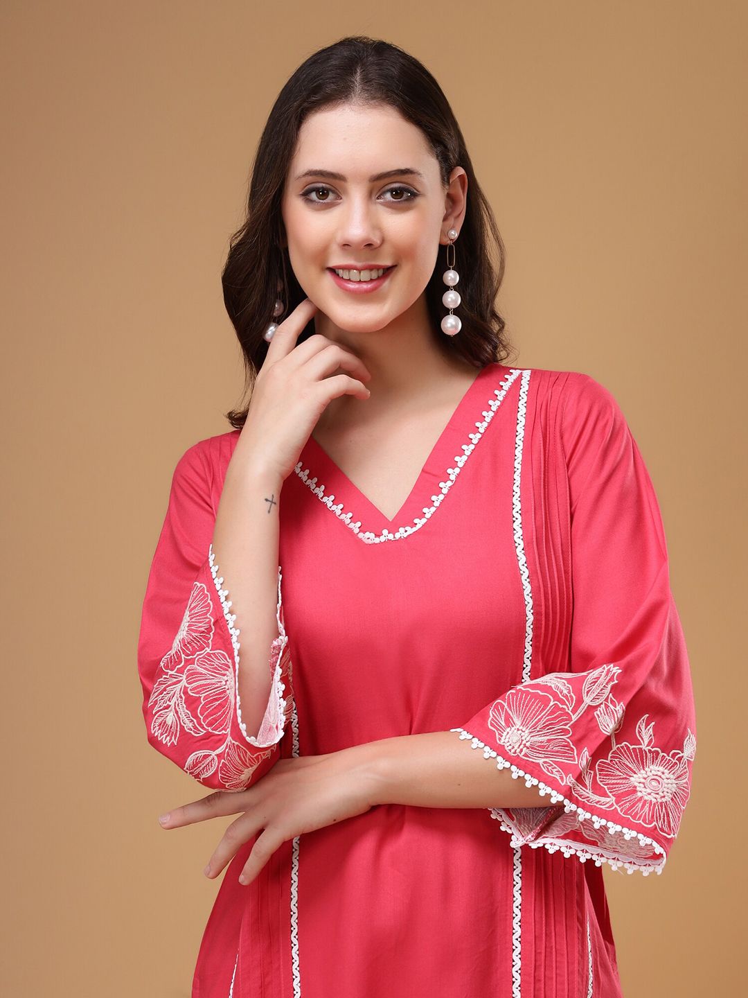 Bani Women Floral Embroidered V-Neck Lace Top & Flared Trouser