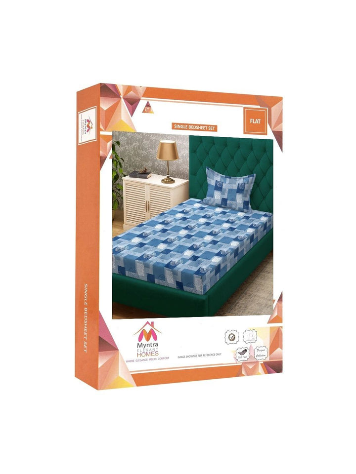 Myntra Elegant Homes Blue & White Geometric 400 TC Single Bedsheet with 1 Pillow Covers