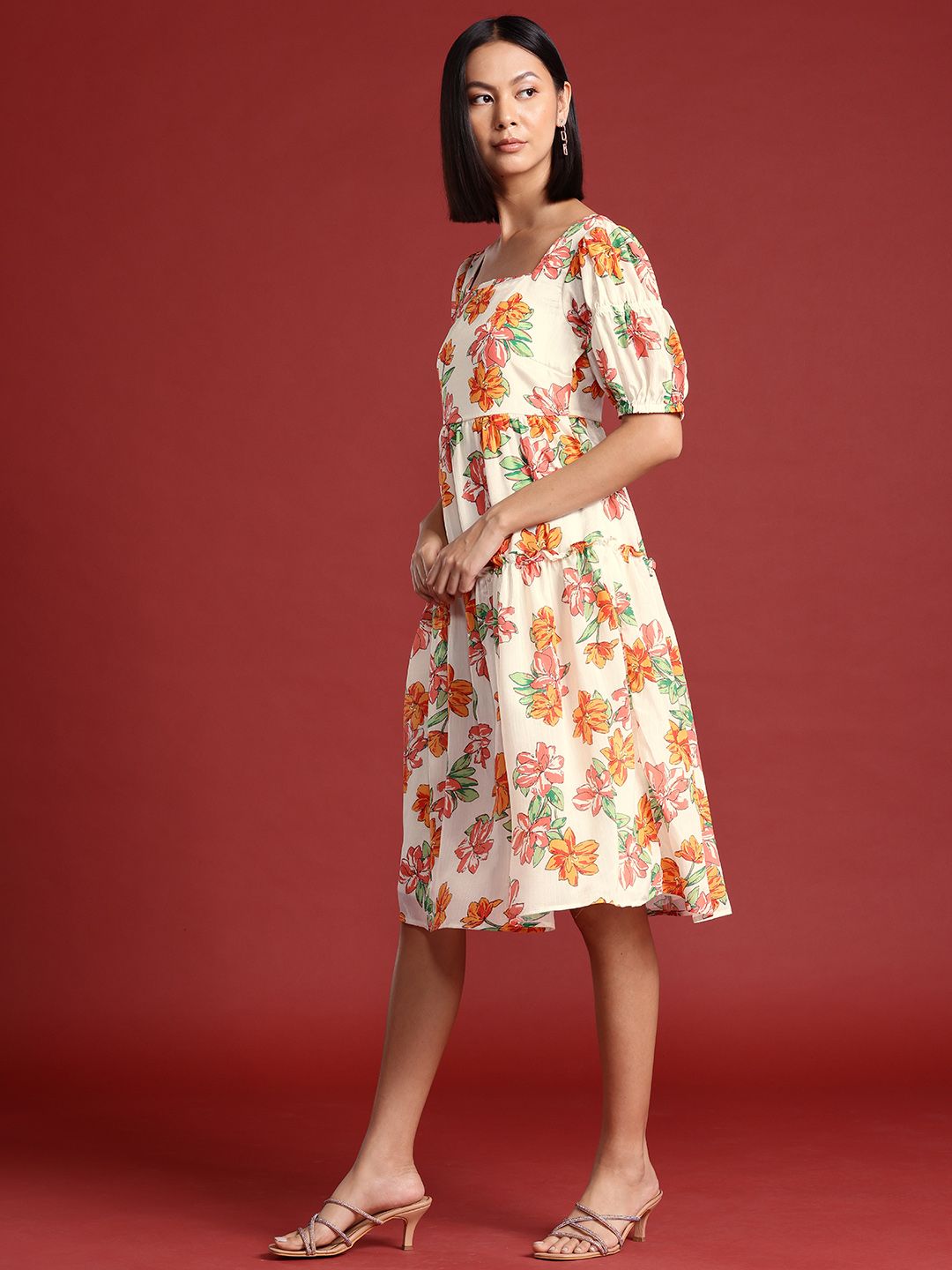 all about you Floral Print Puff Sleeve A-Line Midi Dress