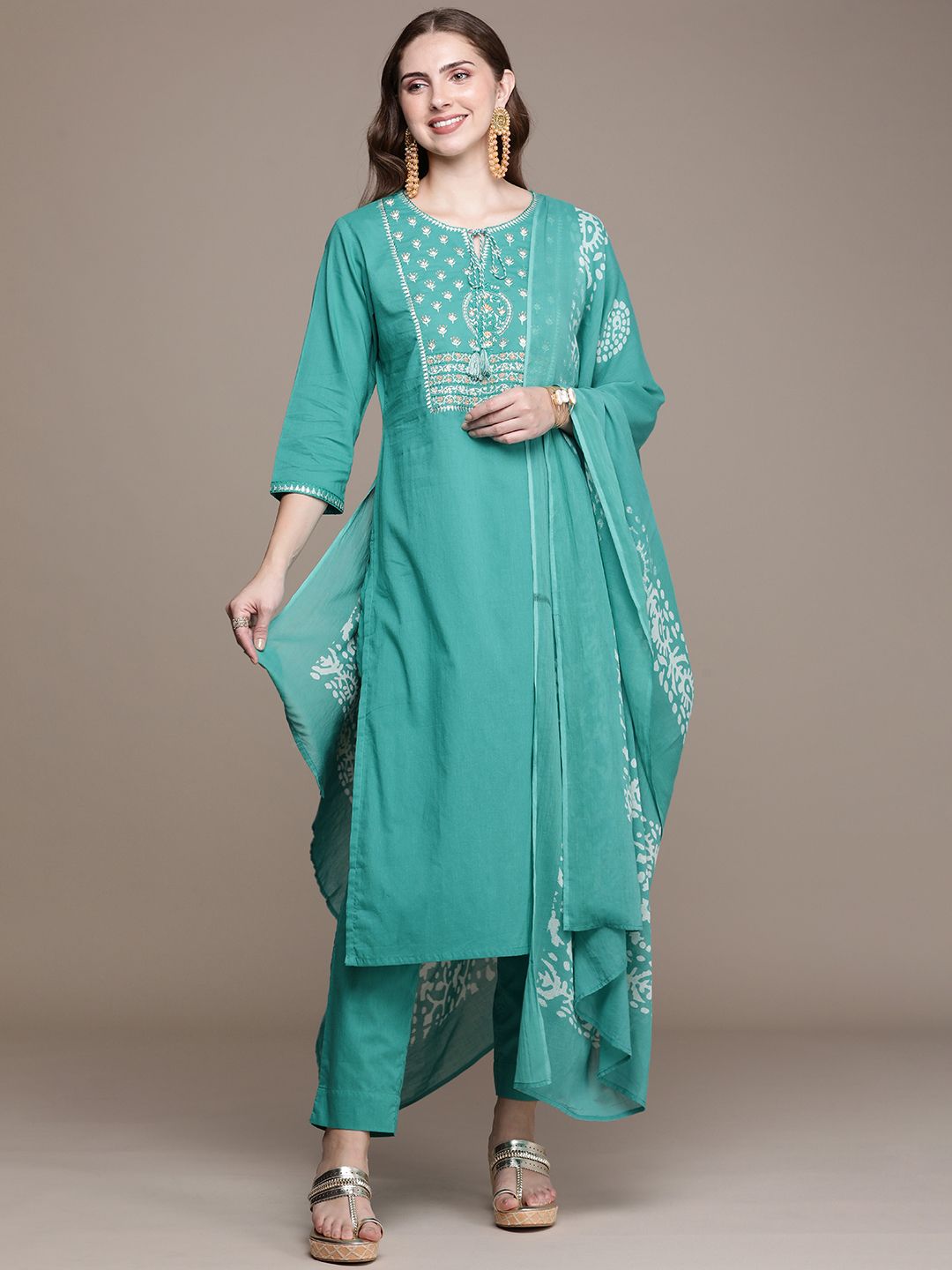 Anouk Women Floral Embroidered Regular Pure Cotton Kurta with Trousers & With Dupatta