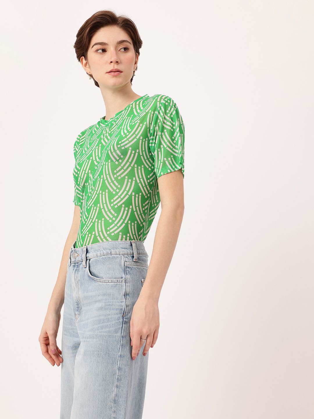 DressBerry Chic Charm Printed Semi Sheer Soft Net Longline Top