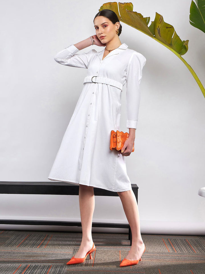 SASSAFRAS White Puff Sleeve Belted Shirt Style Midi Dress