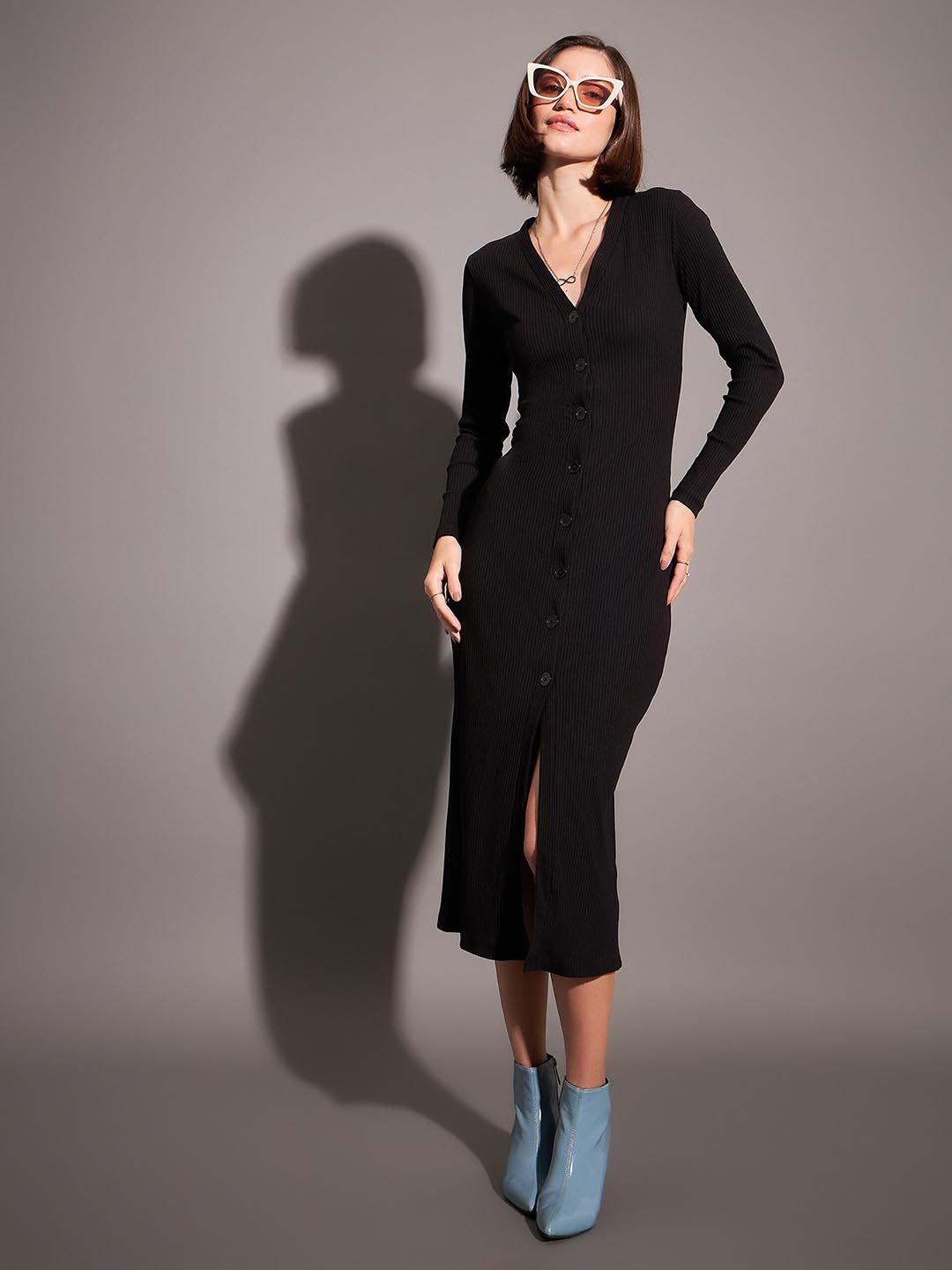 SASSAFRAS Black Ribbed Sheath Midi Dress