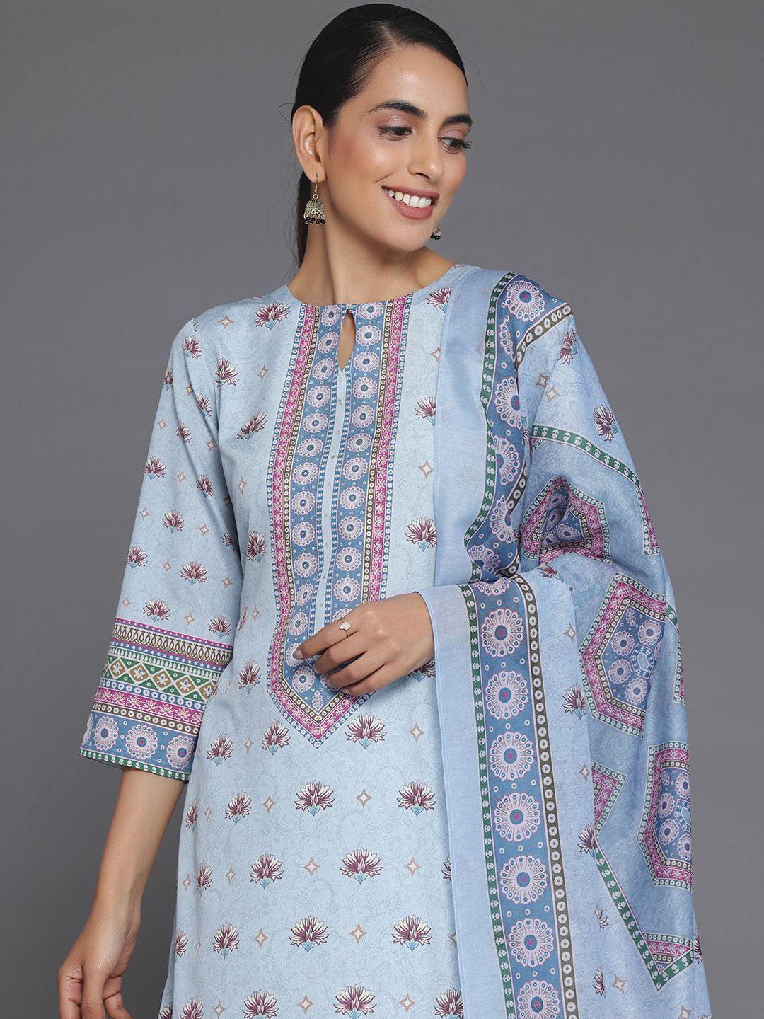 Libas Blue Floral Printed Keyhole Neck Straight Kurta With Salwar & Dupatta