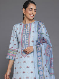Libas Blue Floral Printed Keyhole Neck Straight Kurta With Salwar & Dupatta