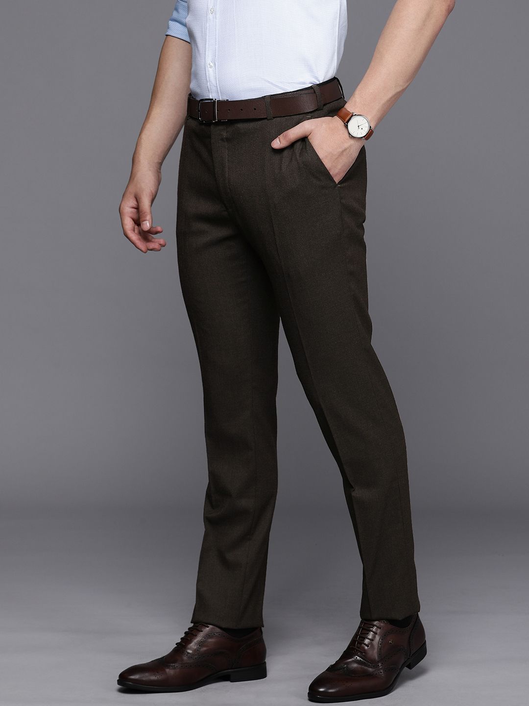 Raymond Men Checked Slim Fit Mid-Rise Formal Trousers