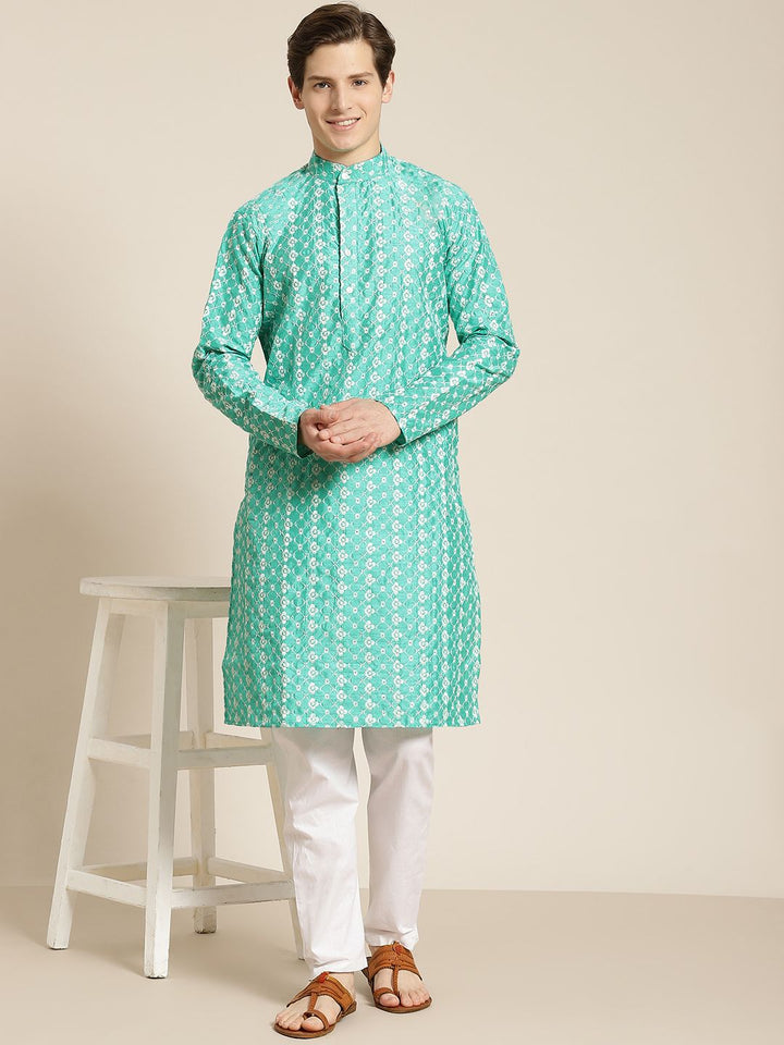 SOJANYA Men Green & White Ethnic Motifs Embroidered Kurta