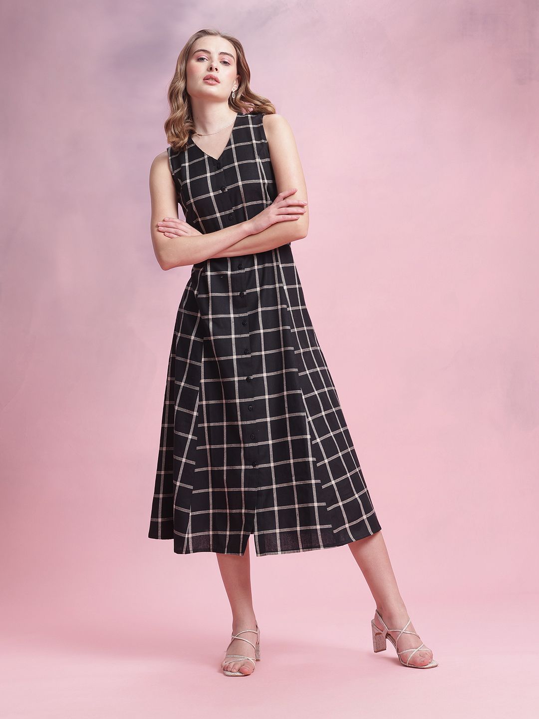 DressBerry Checked A-Line Midi Dress