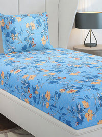 Monte Carlo Blue & Yellow Floral Printed Cotton 104 TC Single Bedsheet Set-2.24 m x 1.52 m