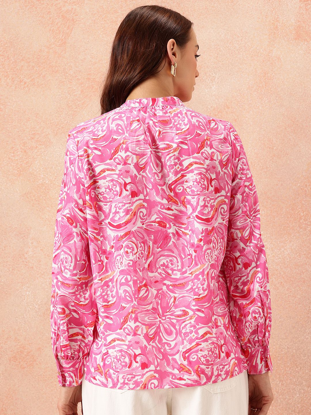 all about you Abstract Print Mandarin Collar Bishop Sleeves Top