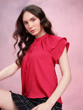 DressBerry Crinkled Effect Tie-Up Neck Flutter Sleeves Top with Ruffled Detail