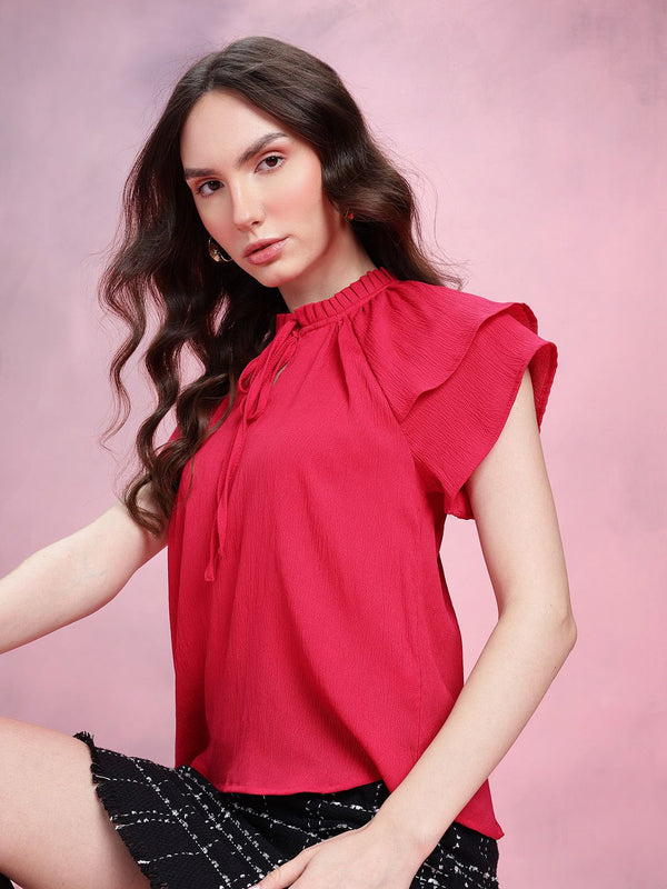 DressBerry Crinkled Effect Tie-Up Neck Flutter Sleeves Top with Ruffled Detail