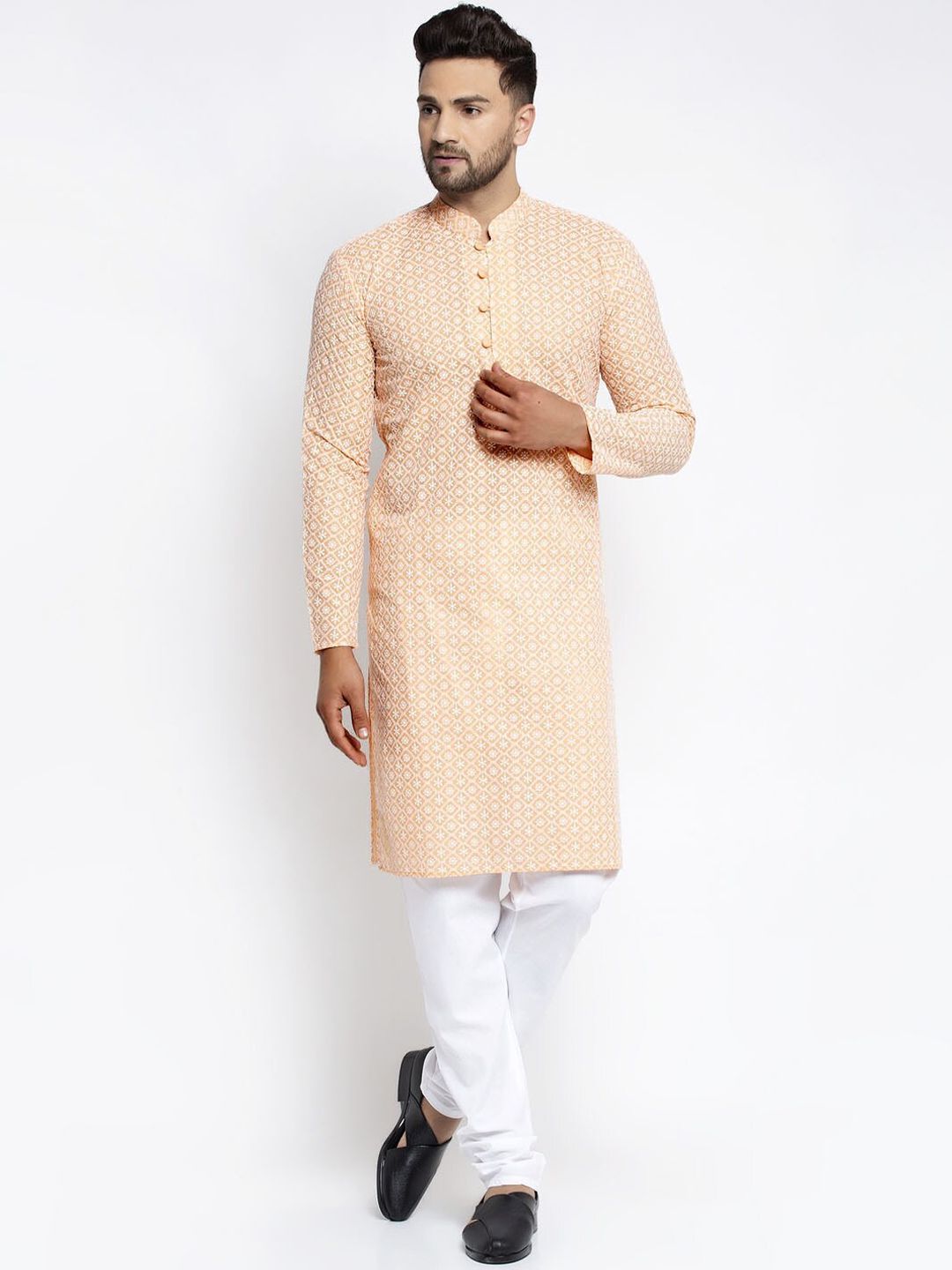 Jompers Men Orange Ethnic Motifs Embroidered Chikankari Pure Cotton Kurta with Pyjamas
