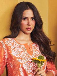 Rumah Chikankari Sonam Orange Mulmul Chikankari Kurta