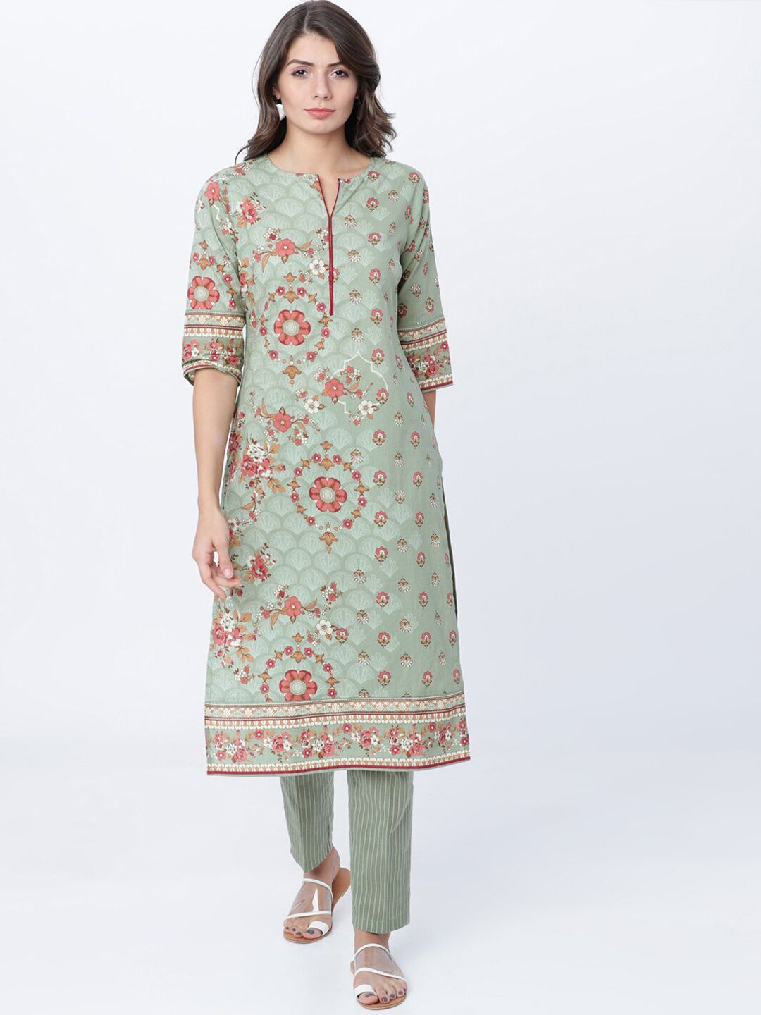 Vishudh Women Olive Green & Pink Printed Straight Kurta