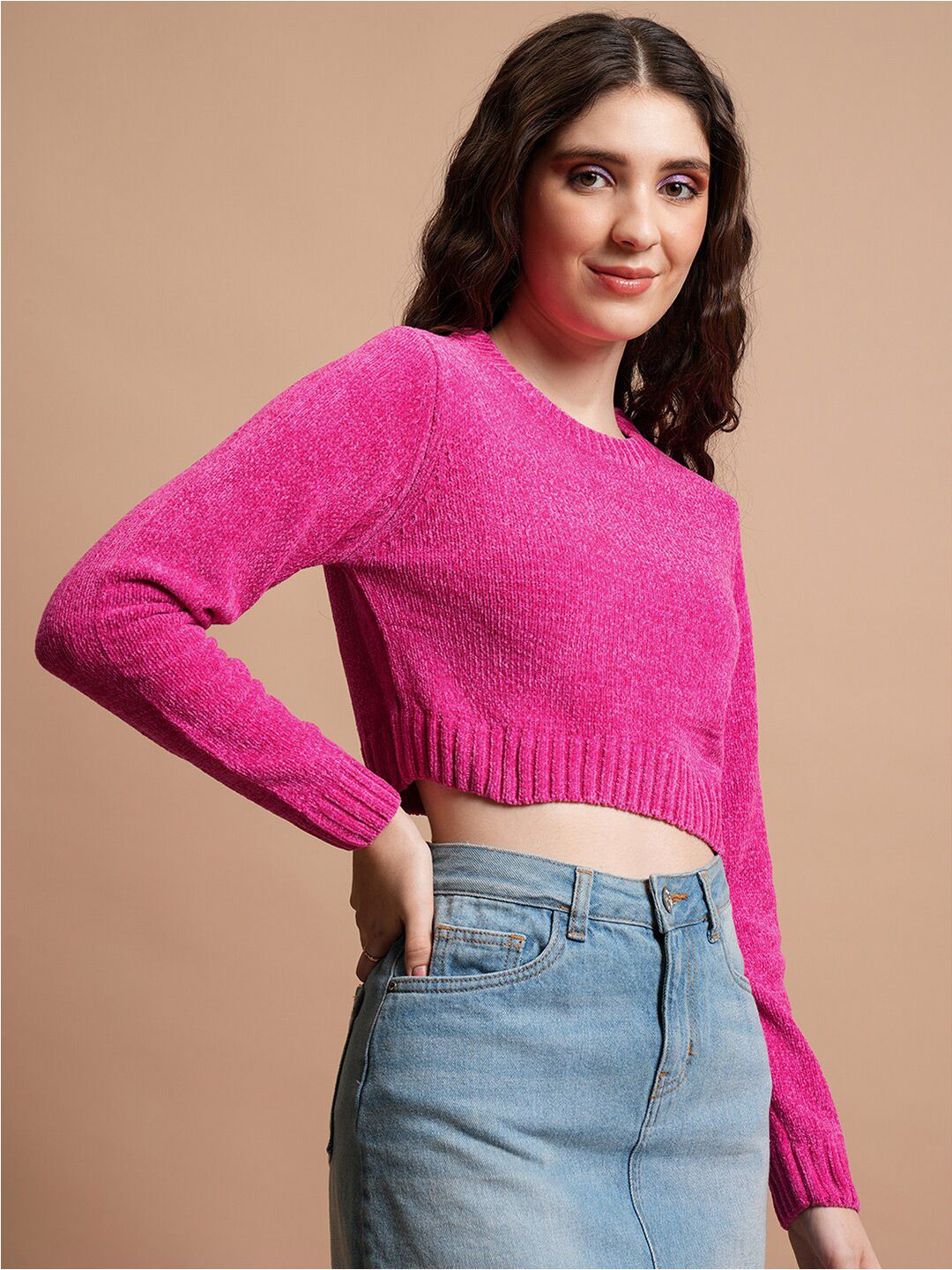 Tokyo Talkies Pink Acrylic Crop Pullover