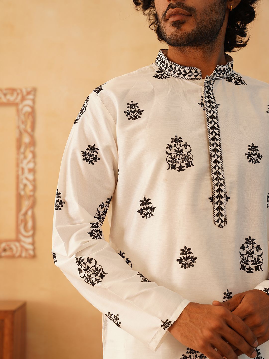 Jompers Floral Embroidered Thread Work Mandarin Collar Kurta with Pyjamas & Dupatta