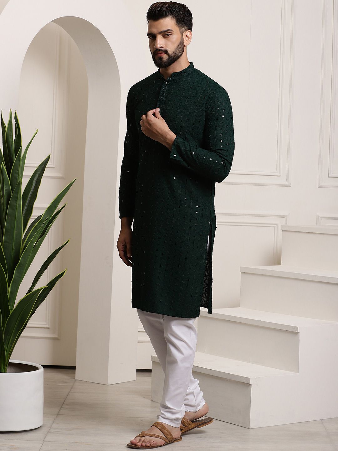 SOJANYA Ethnic Motifs Embroidered Sequinned Pure Cotton Kurta with Churidar