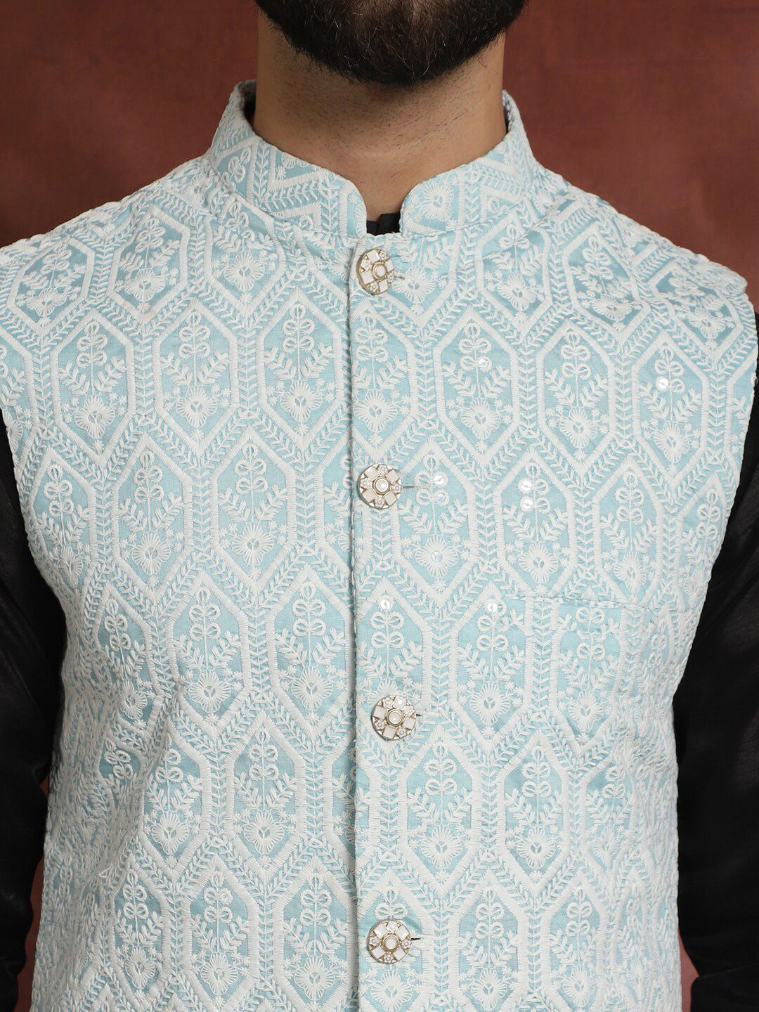 Jaket Nehru Kolar Mandarin Bersulam Biru Anouk