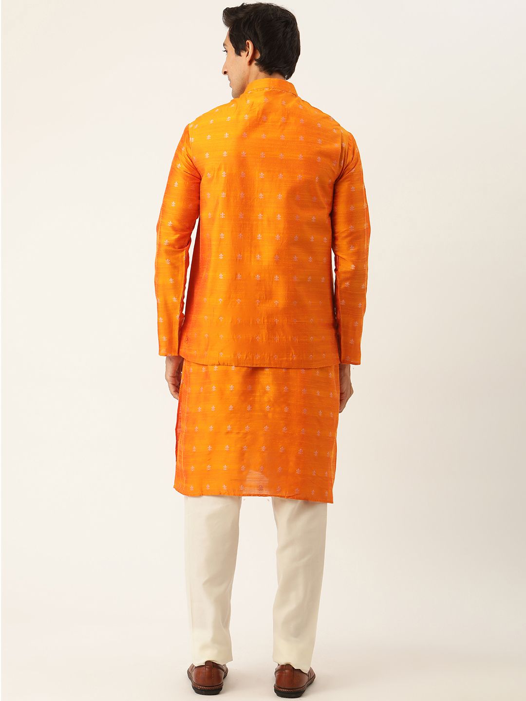 SOJANYA Men Orange & Off-White Woven Design Kurta with Pyjama & Nehru Jacket
