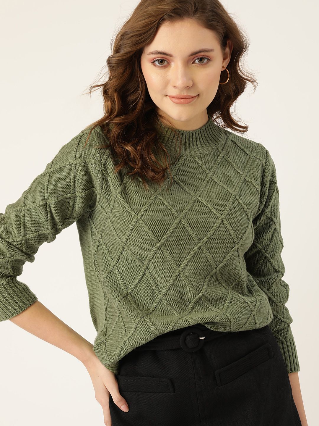 DressBerry Women Olive Green Geometric Design Pullover
