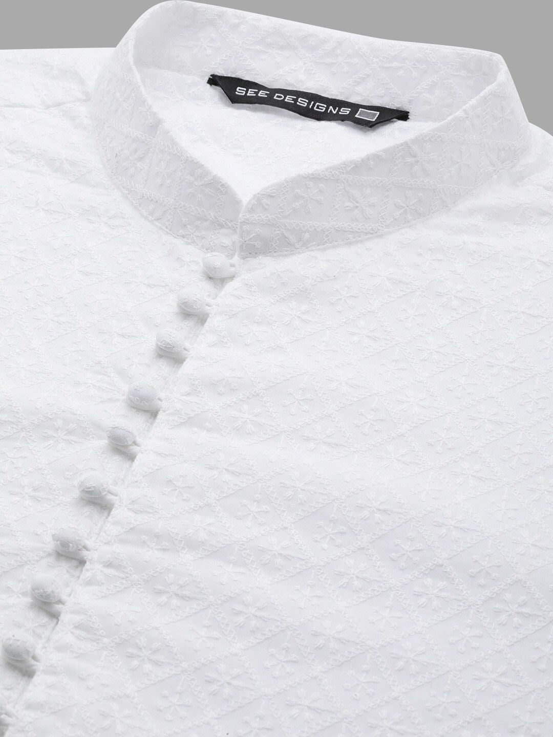 See Designs Men White Pure Cotton Chikankari Embroidered Straight Kurta