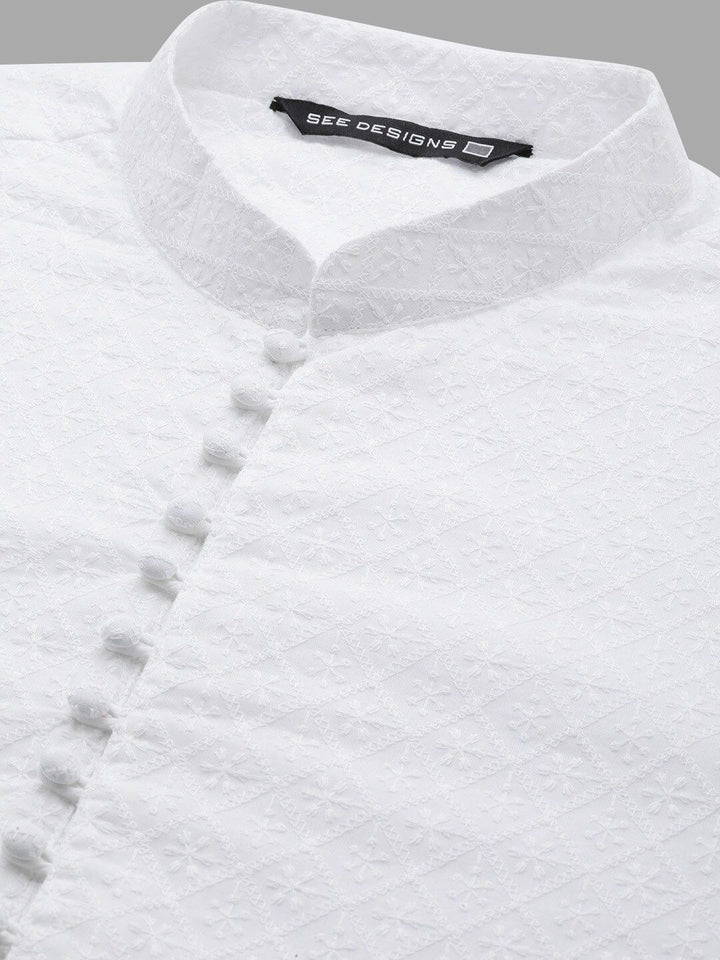 See Designs Men White Pure Cotton Chikankari Embroidered Straight Kurta