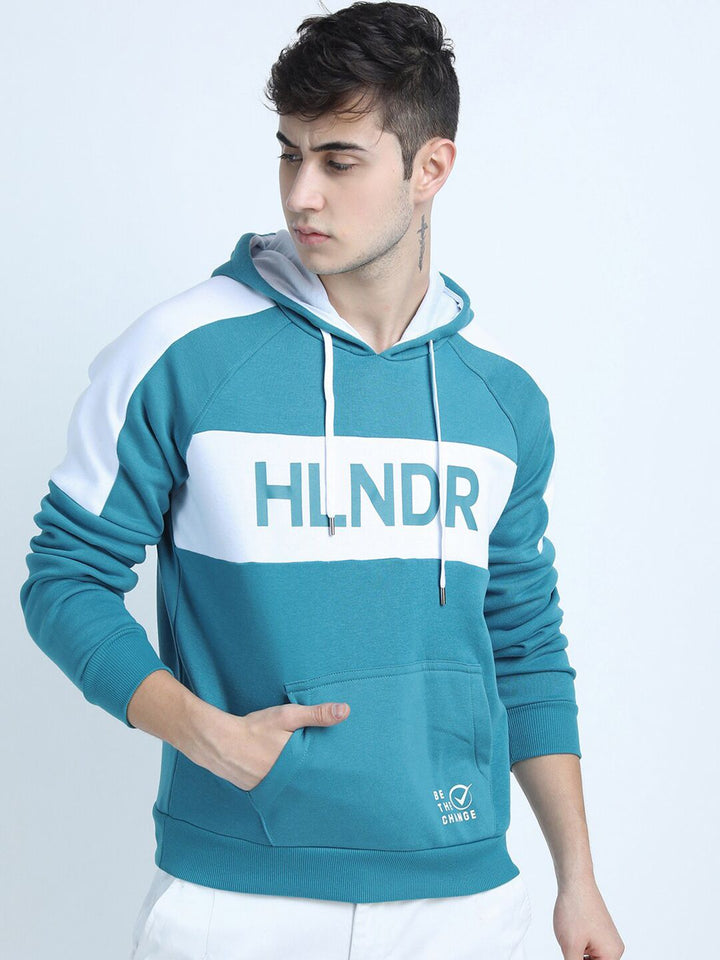 HIGHLANDER Men Teal Colourblocked Hooded Sweatshirt