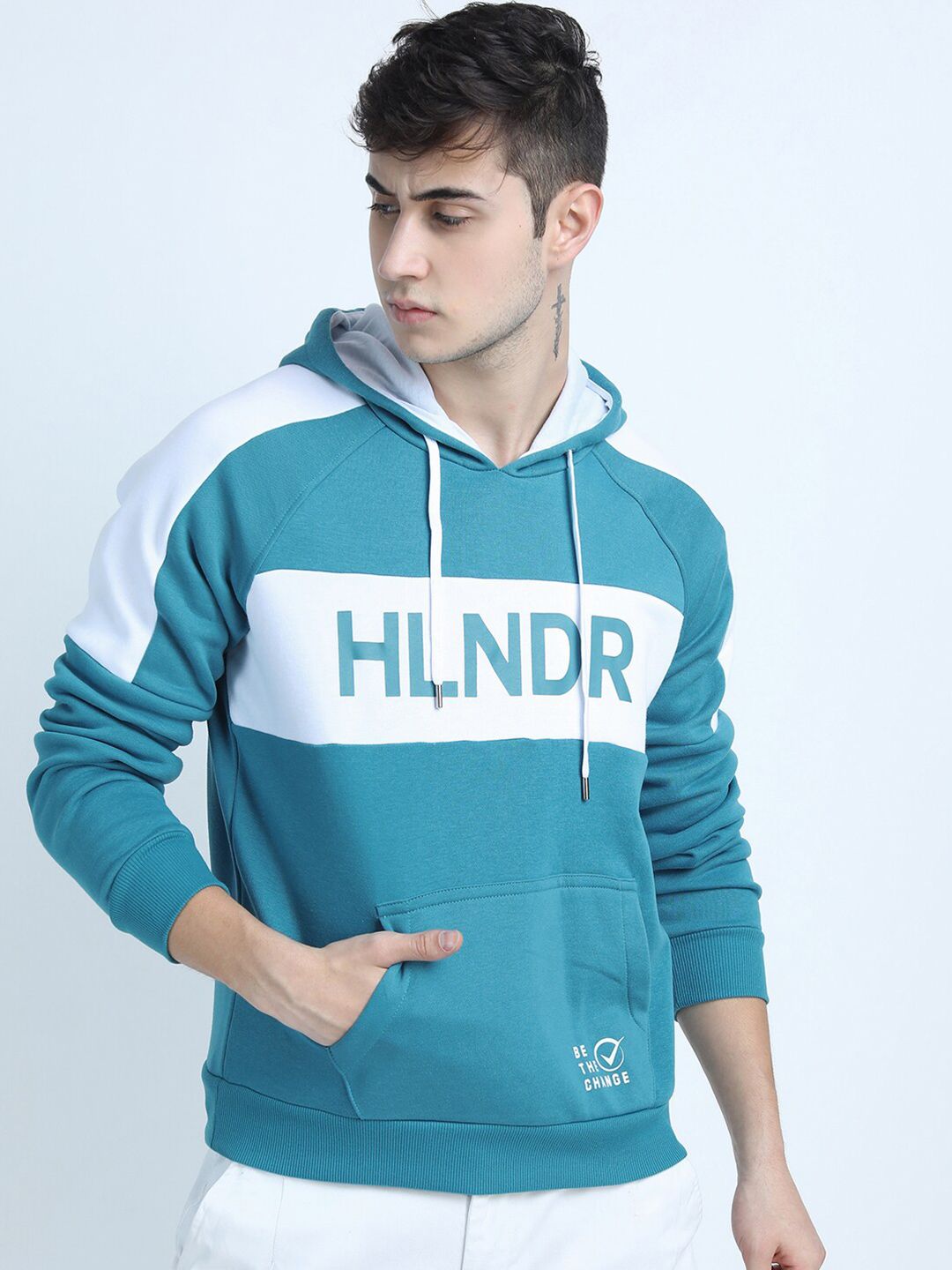 HIGHLANDER Men Teal Colourblocked Hooded Sweatshirt