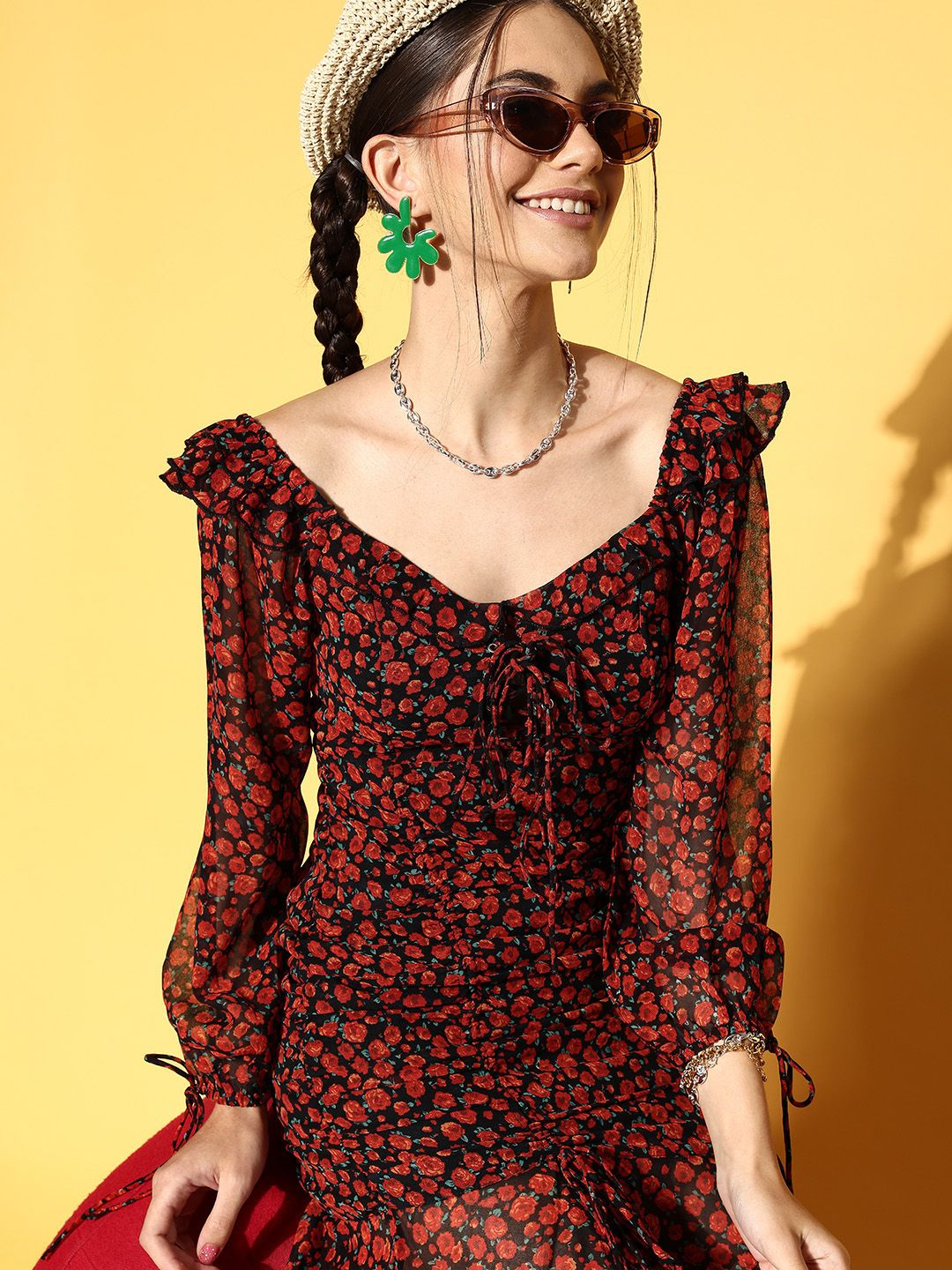 Berrylush Women Stunning Black Floral Volume Play Dress