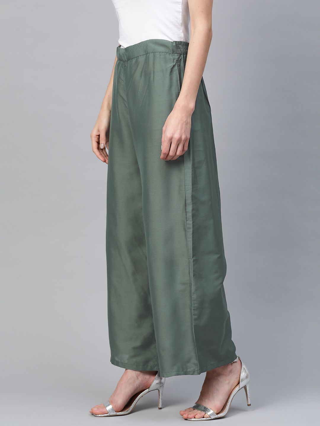 W Women Green Solid Straight Palazzos