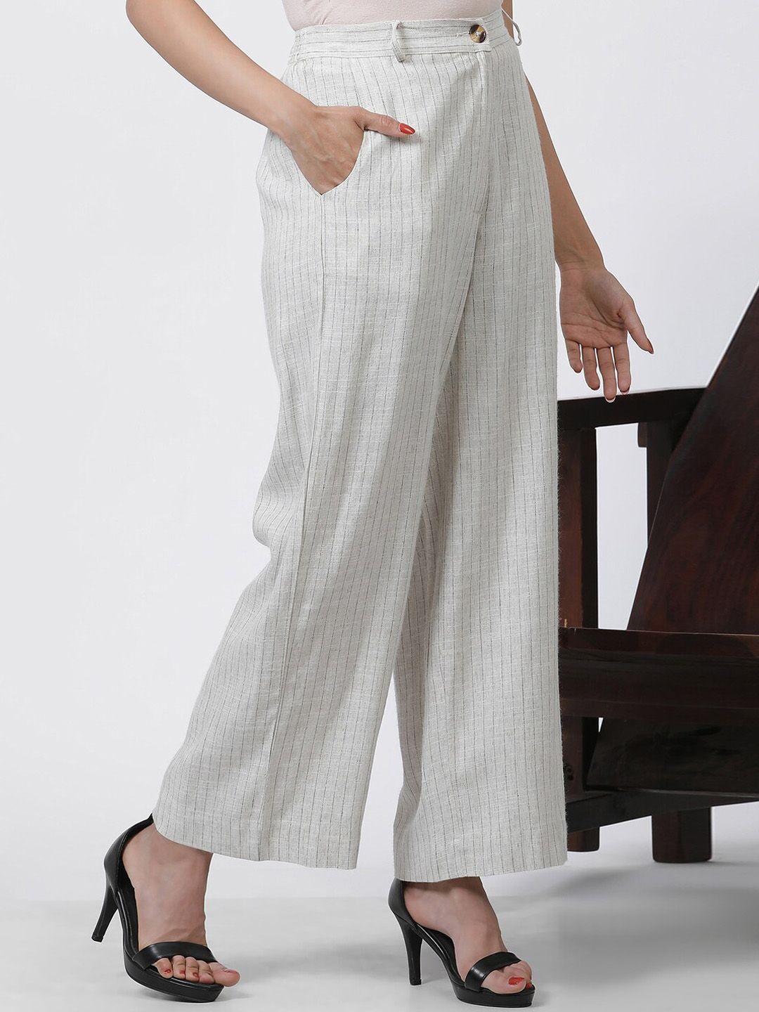 W Women Striped Mid-Rise Straight Fit Parallel Trouser