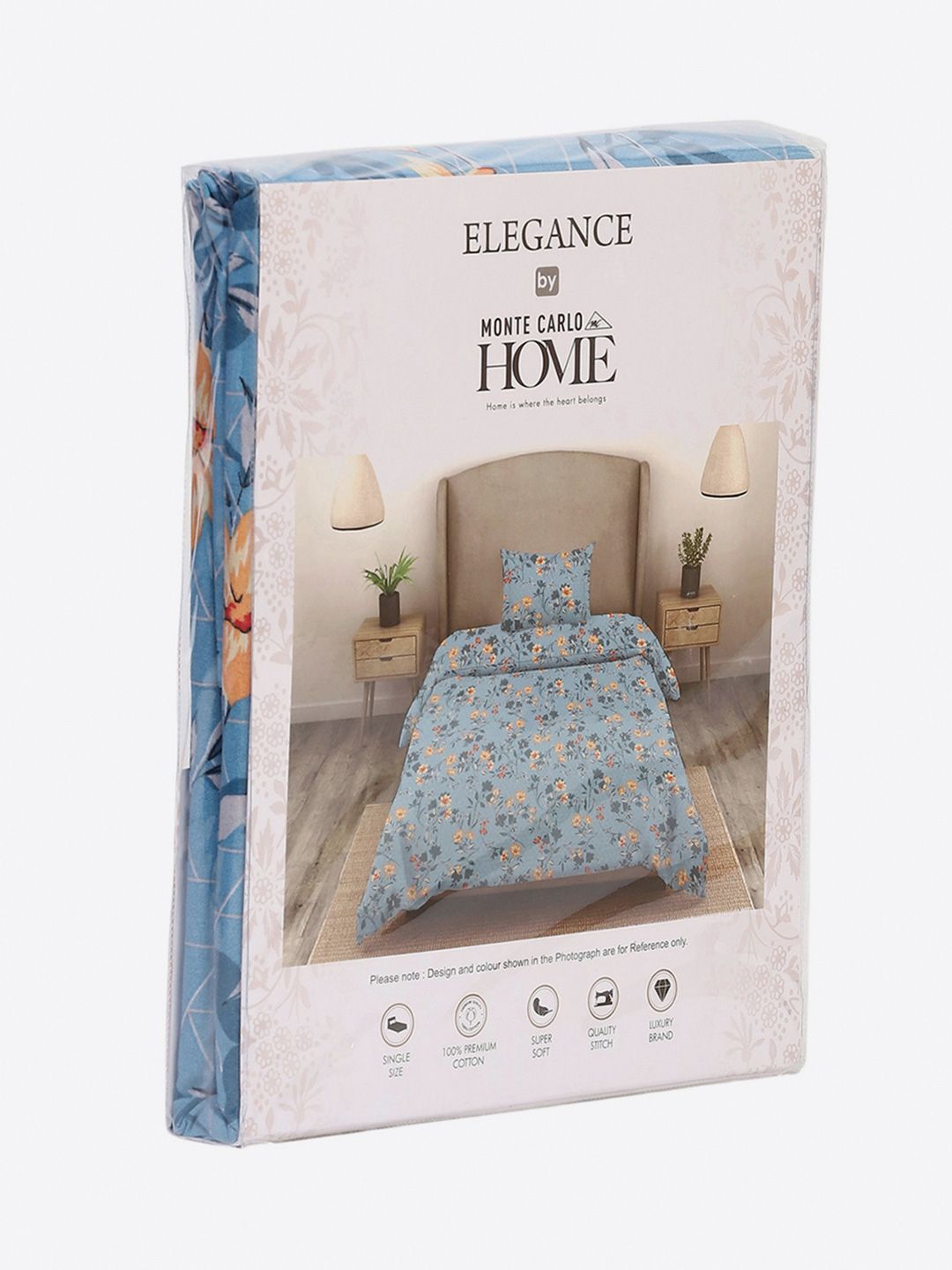 Monte Carlo Blue & Yellow Floral Printed Cotton 104 TC Single Bedsheet Set-2.24 m x 1.52 m
