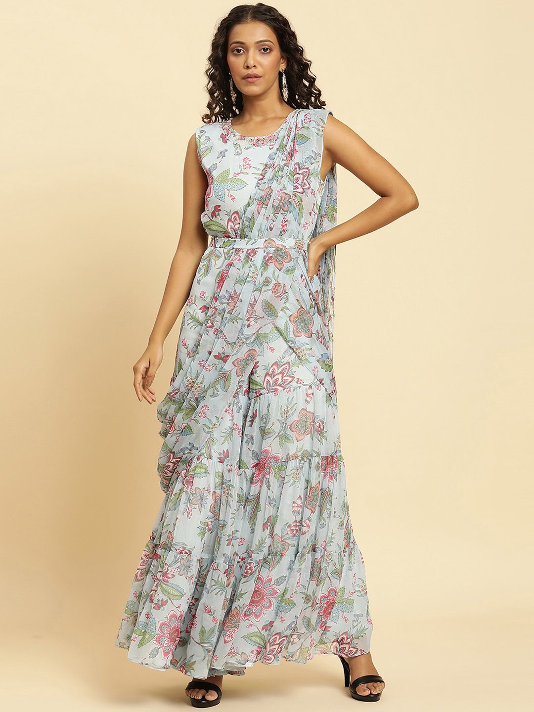 W Floral Printed Waist Tie-Ups Culotte Jumpsuit
