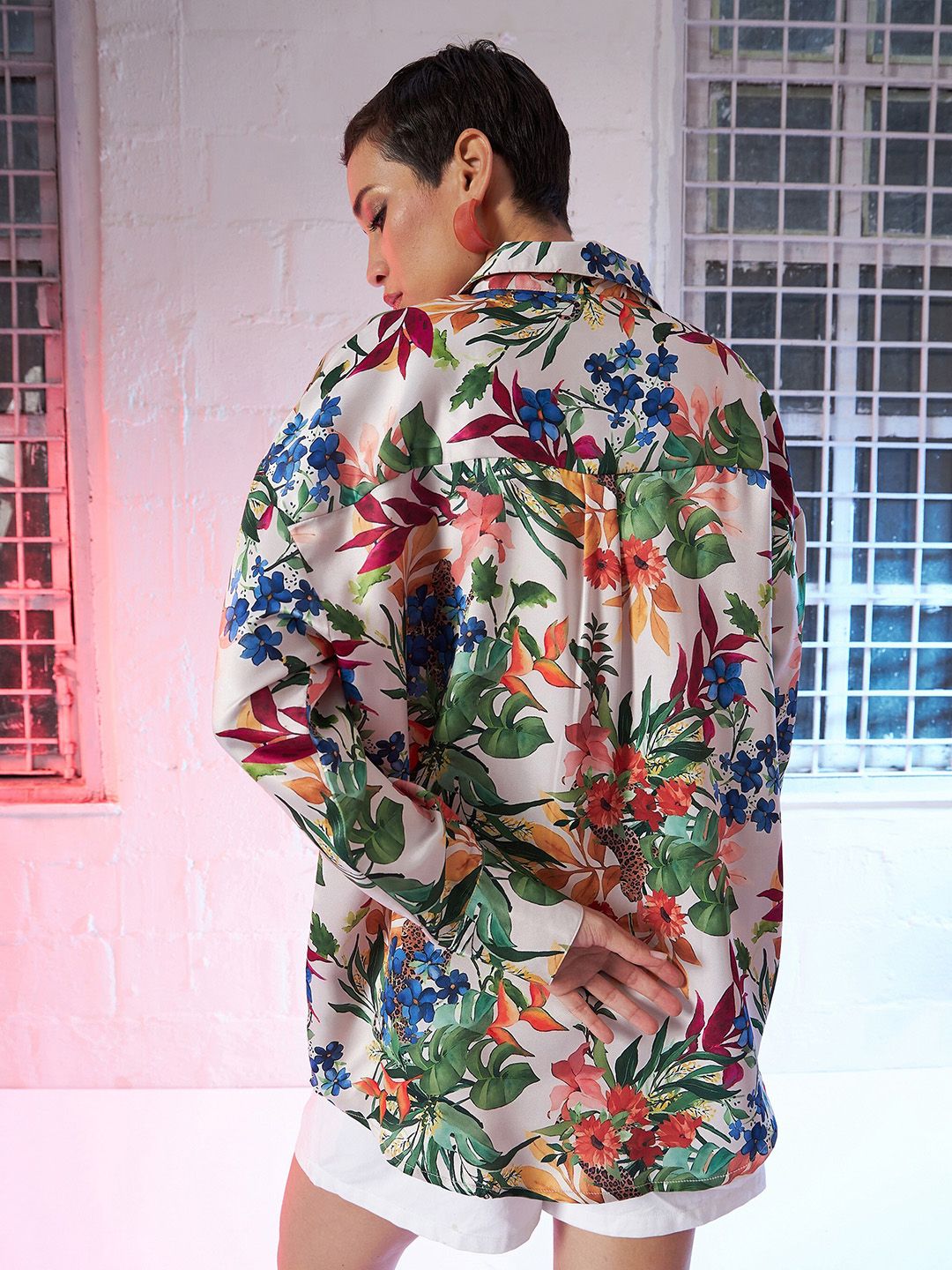 SASSAFRAS Beige Comfort Oversized Floral Printed Satin Casual Shirt