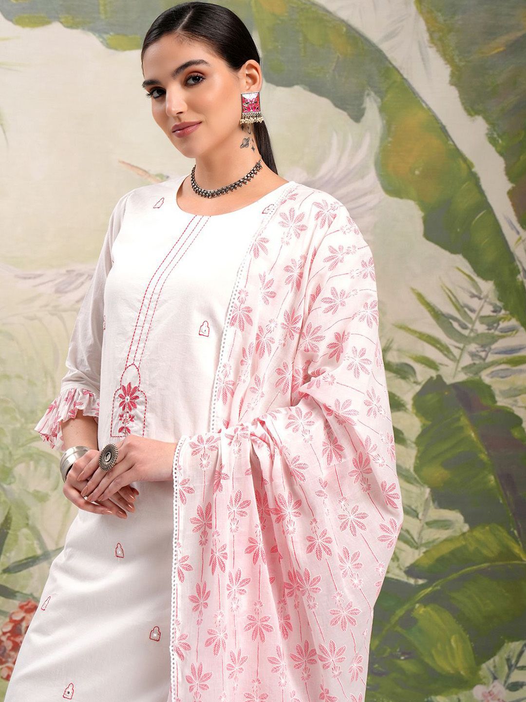 Vishudh Embroidered Regular Thread Work Pure Cotton Kurta with Trouser & Dupatta
