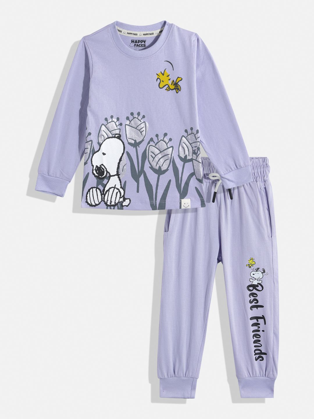 Happy Faces Girls Pure Cotton Snoopy Printed T-shirt with Joggers