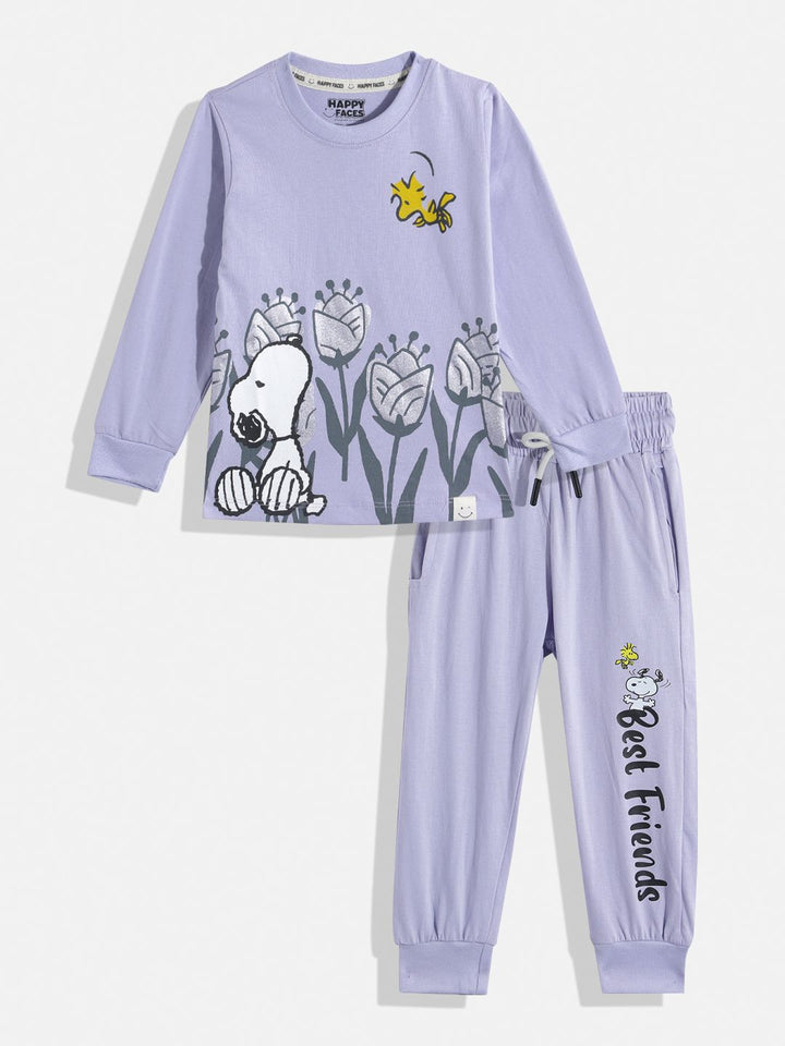 Happy Faces Girls Pure Cotton Snoopy Printed T-shirt with Joggers