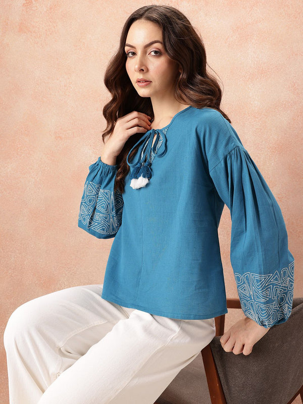 all about you Tie-Up Neck Puff Sleeves Cotton - Linen Top
