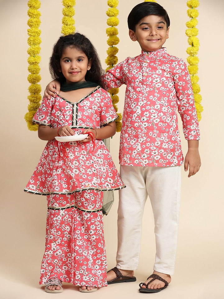 Cutiekins Girls Floral Printed Empire Gotta Patti A-Line Kurti with Sharara & Dupatta