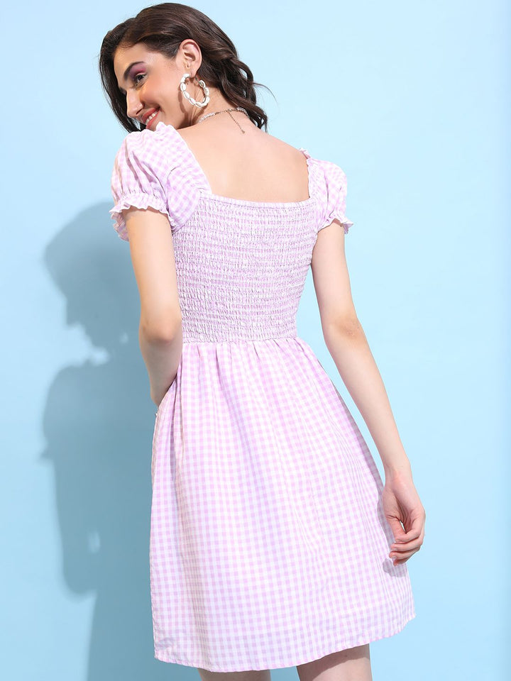 Tokyo Talkies Lavender Checked Square Neck Puff Sleeve Gathered Fit & Flare Dress